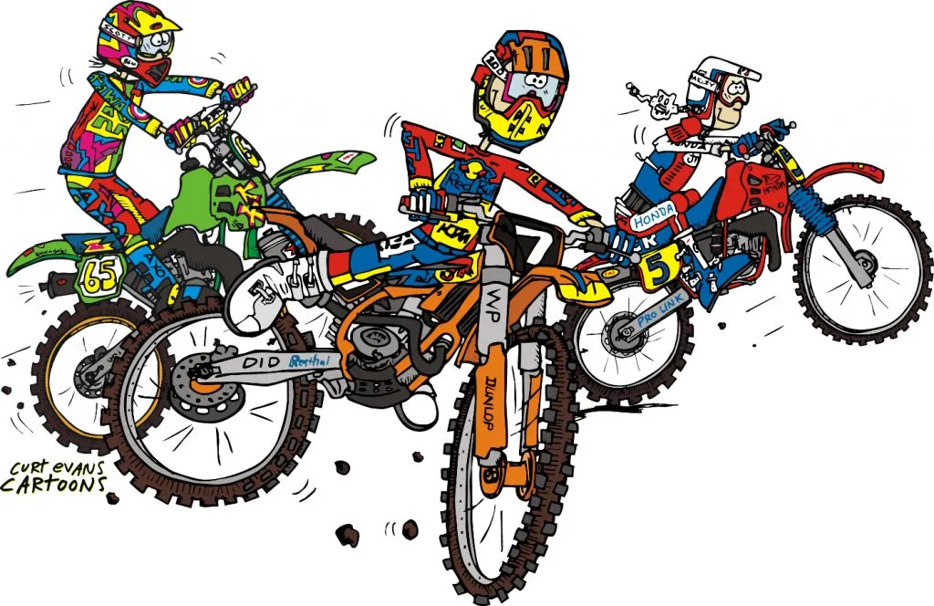 Three riders on motorcycles, cartoon by Curt Evans